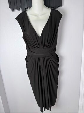 Jones New York Black V-Neck Ruched Cap Sleeve  Midi Dress Womens Size 10